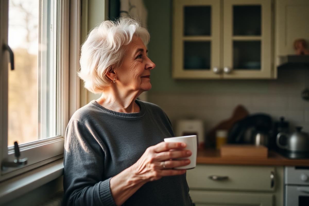 An older woman holding a mug and looking out a sunlit kitchen window