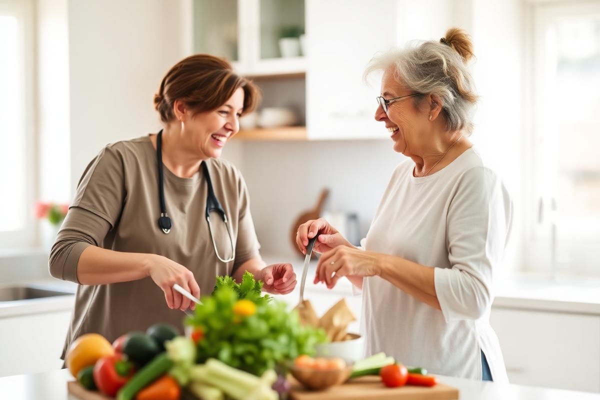 A caregiver and senior woman laughing while preparing vegetables in a bright kitchen