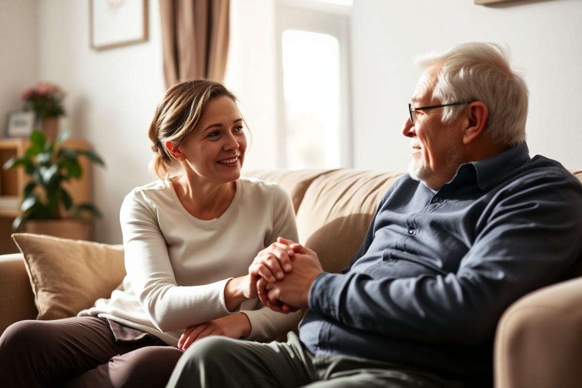 An adult daughter holding her elderly father's hand while talking on a couch