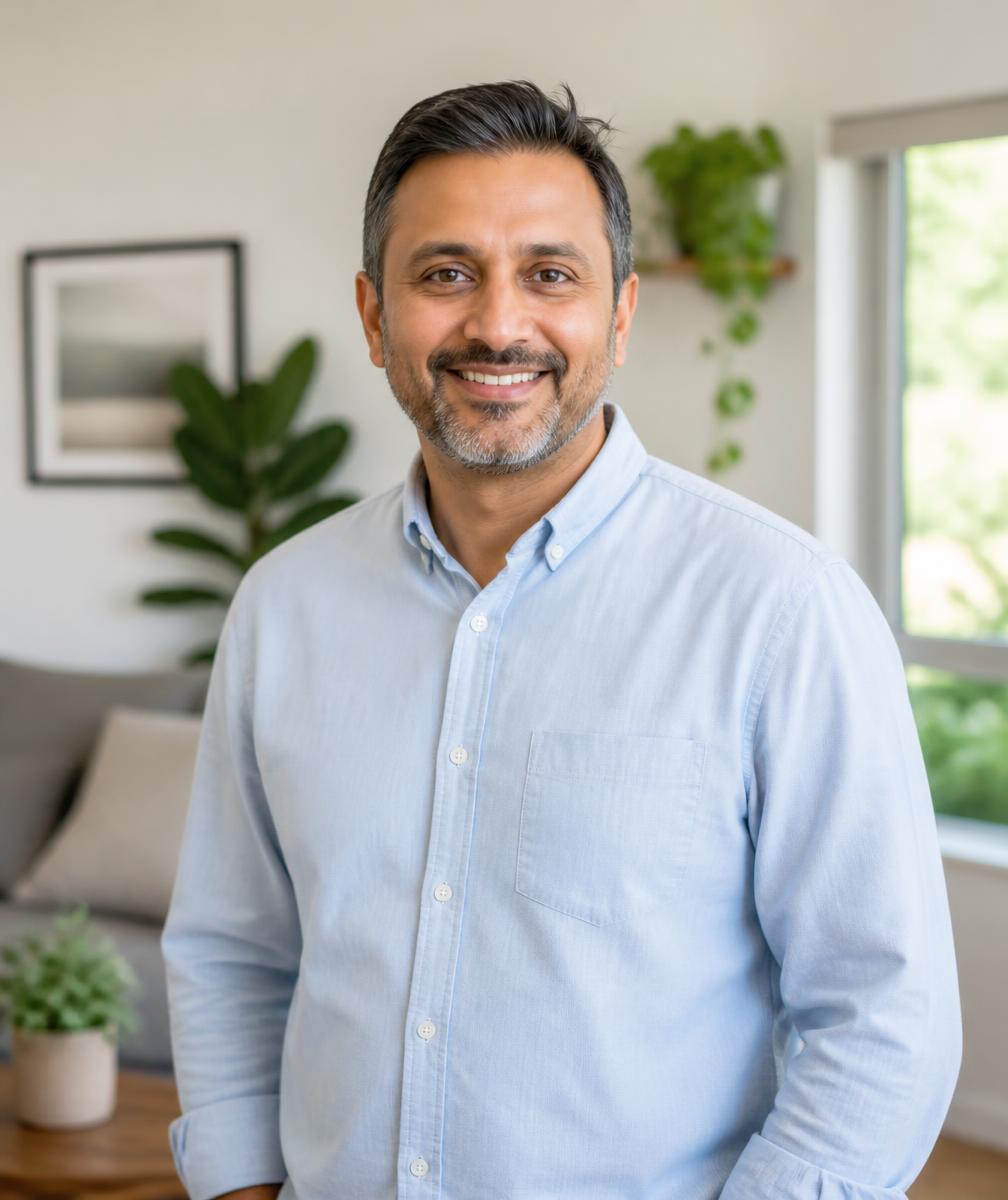 Srikanth Pemaraj, founder of Willow Heart Home Care, smiling in a bright living room